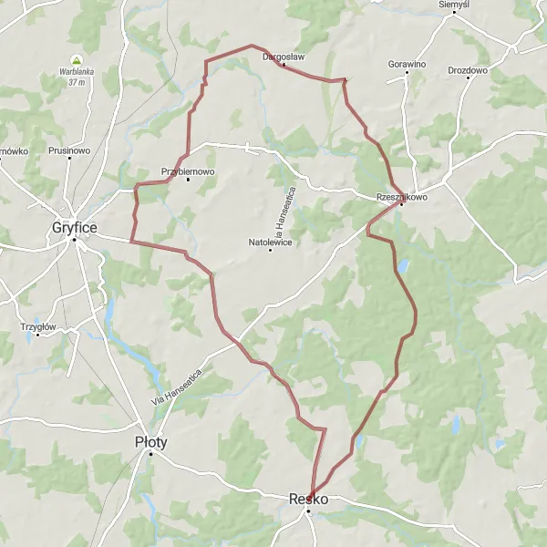 Miniatura mapy "Trasa Gravelowa wokół Reska" - trasy rowerowej w Zachodniopomorskie, Poland. Wygenerowane przez planer tras rowerowych Tarmacs.app