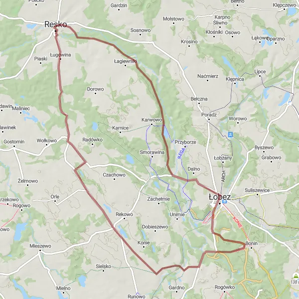 Map miniature of "Gravel Adventure: Resko-Łobez-Lesięcin-Borkowo Wielkie-Święciechowo-Resko" cycling inspiration in Zachodniopomorskie, Poland. Generated by Tarmacs.app cycling route planner