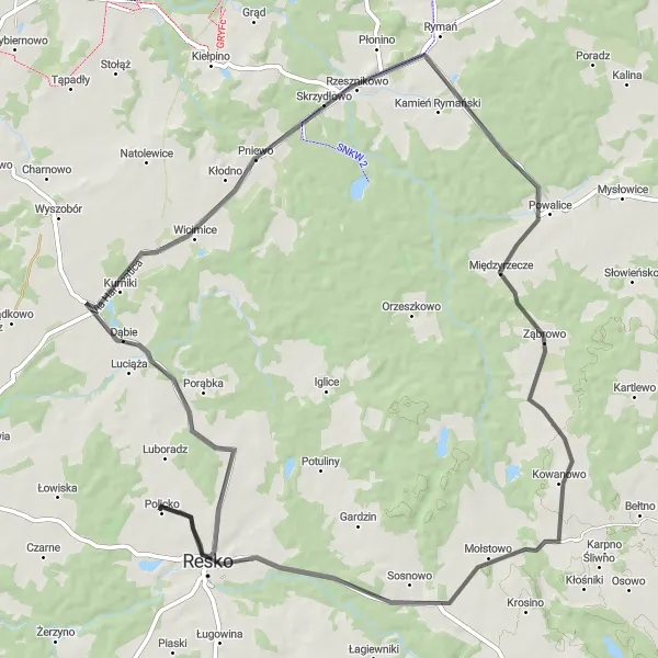 Map miniature of "Cycling Adventure: Resko-Dąbie-Pniewo-Prusim-Resko" cycling inspiration in Zachodniopomorskie, Poland. Generated by Tarmacs.app cycling route planner