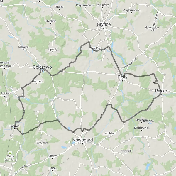 Map miniature of "Resko-Smólsko-Unibórz-Baszewice-Luboradz" cycling inspiration in Zachodniopomorskie, Poland. Generated by Tarmacs.app cycling route planner