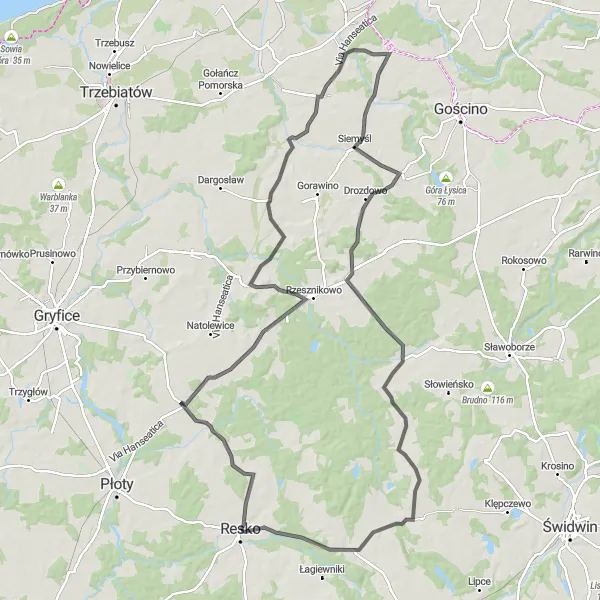 Map miniature of "Resko-Dąbie-Grąd-Świecie Kołobrzeskie-Wyrzut-Siemyśl-Prusim Round Trip" cycling inspiration in Zachodniopomorskie, Poland. Generated by Tarmacs.app cycling route planner
