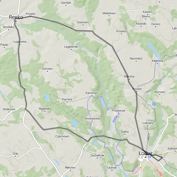 Map miniature of "Road Cycling Adventure: Resko-Starogard-Łobez-Strzmiele-Święciechowo-Resko" cycling inspiration in Zachodniopomorskie, Poland. Generated by Tarmacs.app cycling route planner