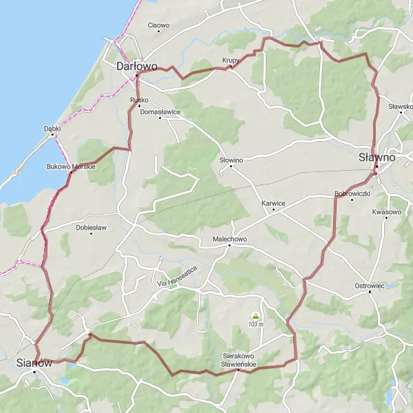 Miniatura mapy "Przez Gleźnowo i Sławno" - trasy rowerowej w Zachodniopomorskie, Poland. Wygenerowane przez planer tras rowerowych Tarmacs.app