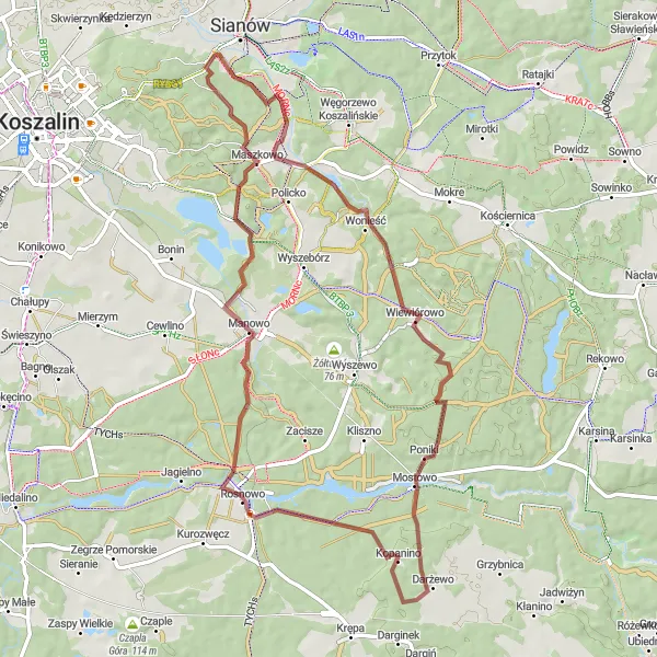 Map miniature of "Off-Road Gravel Adventure from Sianów to Manowo" cycling inspiration in Zachodniopomorskie, Poland. Generated by Tarmacs.app cycling route planner