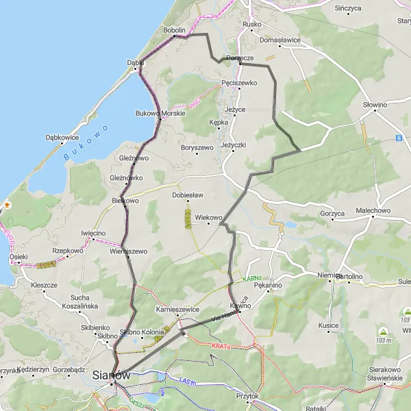 Map miniature of "Sianów Circular Road Cycling Route" cycling inspiration in Zachodniopomorskie, Poland. Generated by Tarmacs.app cycling route planner