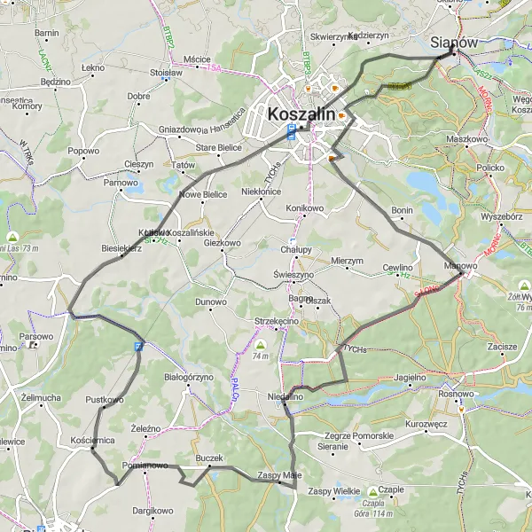 Map miniature of "Historical Expedition: Sianów to Gorzebądz via Lisica and Koszalin" cycling inspiration in Zachodniopomorskie, Poland. Generated by Tarmacs.app cycling route planner