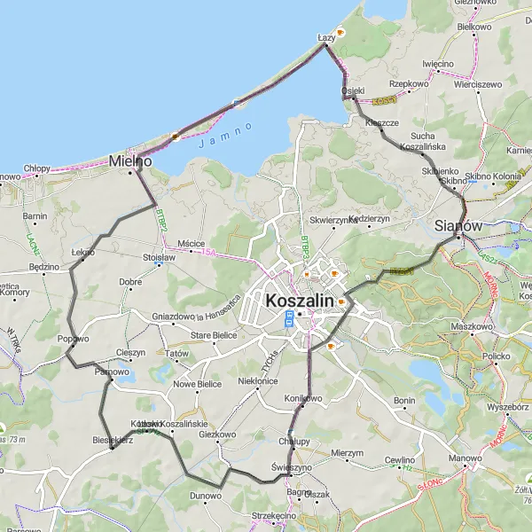 Map miniature of "Scenic Road Cycling Adventure from Sianów to Jamno" cycling inspiration in Zachodniopomorskie, Poland. Generated by Tarmacs.app cycling route planner