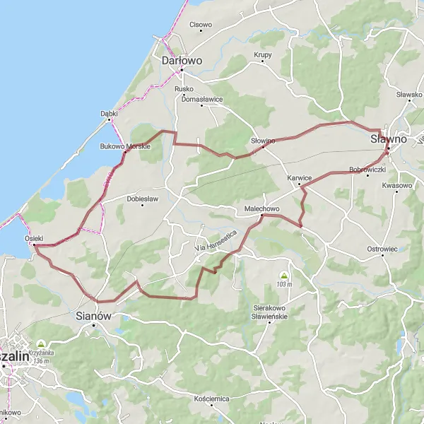 Map miniature of "Gravel adventure through rural landscapes" cycling inspiration in Zachodniopomorskie, Poland. Generated by Tarmacs.app cycling route planner