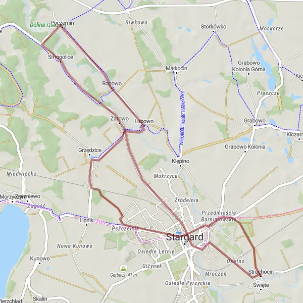 Map miniature of "Off-road Scenic Delights near Stargard" cycling inspiration in Zachodniopomorskie, Poland. Generated by Tarmacs.app cycling route planner