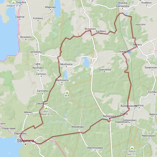 Map miniature of "Stepnica - Góra z Wieżą - Rzystnowo - Brzozowo - Rokita - Stepnica" cycling inspiration in Zachodniopomorskie, Poland. Generated by Tarmacs.app cycling route planner
