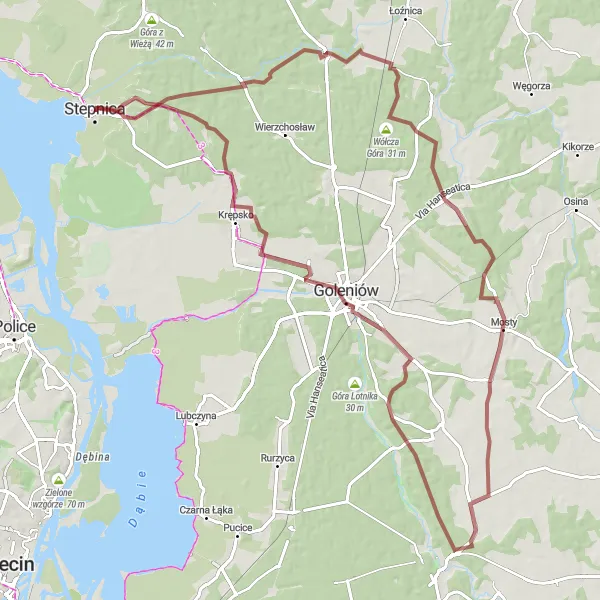 Map miniature of "Stepnica - Bącznik - Mosty - Glewice - Wółcza Góra - Babigoszcz" cycling inspiration in Zachodniopomorskie, Poland. Generated by Tarmacs.app cycling route planner