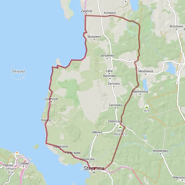 Map miniature of "Stepnica - Kopice - Koniewo - Rzystnowo - Góra z Wieżą - Stepnica" cycling inspiration in Zachodniopomorskie, Poland. Generated by Tarmacs.app cycling route planner