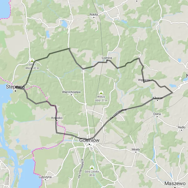 Map miniature of "Stepnica - Góra z Wieżą - Czermnica - Goleniów - Stepnica" cycling inspiration in Zachodniopomorskie, Poland. Generated by Tarmacs.app cycling route planner