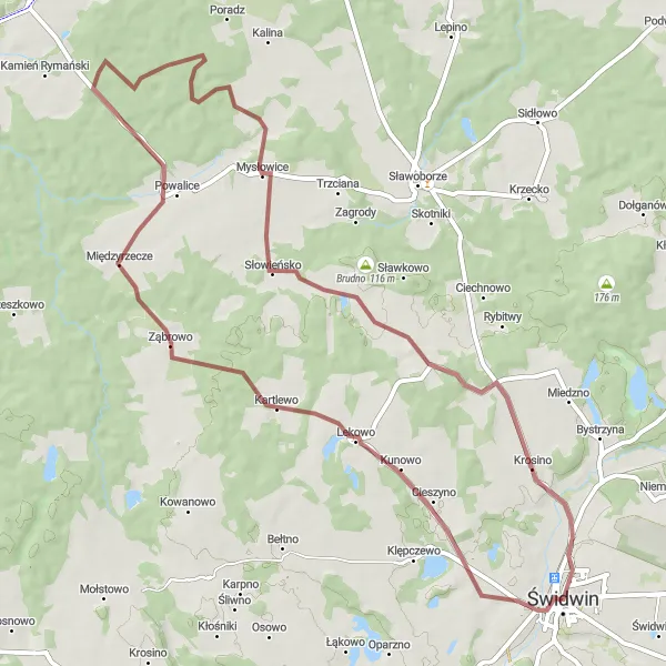 Miniatura mapy "Trasa gravelowa z Mysłowic do Świdwina przez Brudno" - trasy rowerowej w Zachodniopomorskie, Poland. Wygenerowane przez planer tras rowerowych Tarmacs.app