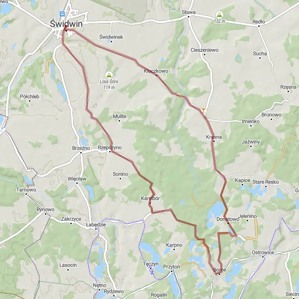 Map miniature of "The Lake Circuit" cycling inspiration in Zachodniopomorskie, Poland. Generated by Tarmacs.app cycling route planner