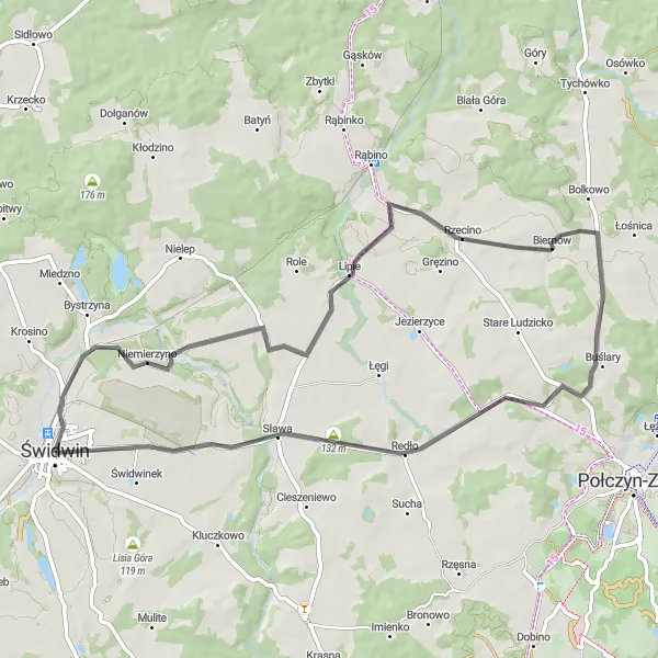 Miniatura mapy "Trasa rowerowa przez lasy i pagórki" - trasy rowerowej w Zachodniopomorskie, Poland. Wygenerowane przez planer tras rowerowych Tarmacs.app