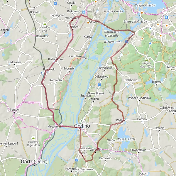 Map miniature of "Ustowo Loop" cycling inspiration in Zachodniopomorskie, Poland. Generated by Tarmacs.app cycling route planner