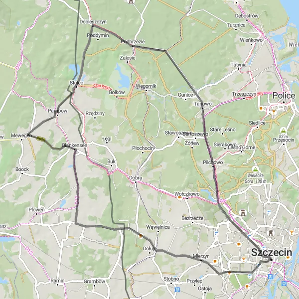 Map miniature of "Countryside Cycling Tour near Szczecin" cycling inspiration in Zachodniopomorskie, Poland. Generated by Tarmacs.app cycling route planner