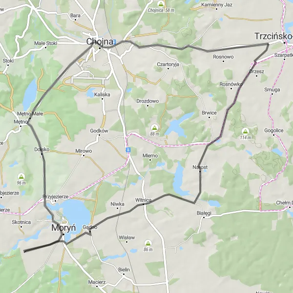 Map miniature of "Tranquility of Nature: Around Trzcińsko-Zdrój" cycling inspiration in Zachodniopomorskie, Poland. Generated by Tarmacs.app cycling route planner