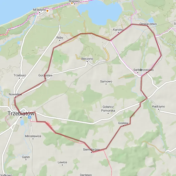 Miniatura mapy "Karcino - Siemidarżno - Pałac nad Młynówką Gravel Cycling Route" - trasy rowerowej w Zachodniopomorskie, Poland. Wygenerowane przez planer tras rowerowych Tarmacs.app