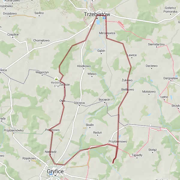 Miniatura mapy "Przez malownicze tereny w okolicy Trzebiatowa" - trasy rowerowej w Zachodniopomorskie, Poland. Wygenerowane przez planer tras rowerowych Tarmacs.app