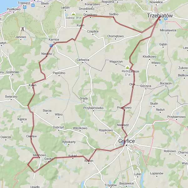 Miniatura mapy "Szlak przez Warblankę i Ciećmierz" - trasy rowerowej w Zachodniopomorskie, Poland. Wygenerowane przez planer tras rowerowych Tarmacs.app
