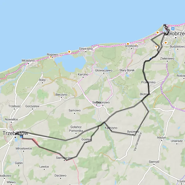 Map miniature of "Kołobrzeg Sightseeing on Road" cycling inspiration in Zachodniopomorskie, Poland. Generated by Tarmacs.app cycling route planner