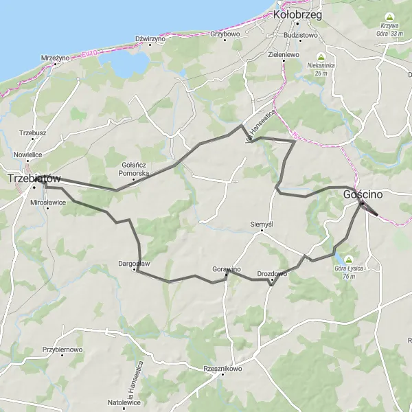 Map miniature of "Trzebiatów Hill Climbing Challenge" cycling inspiration in Zachodniopomorskie, Poland. Generated by Tarmacs.app cycling route planner