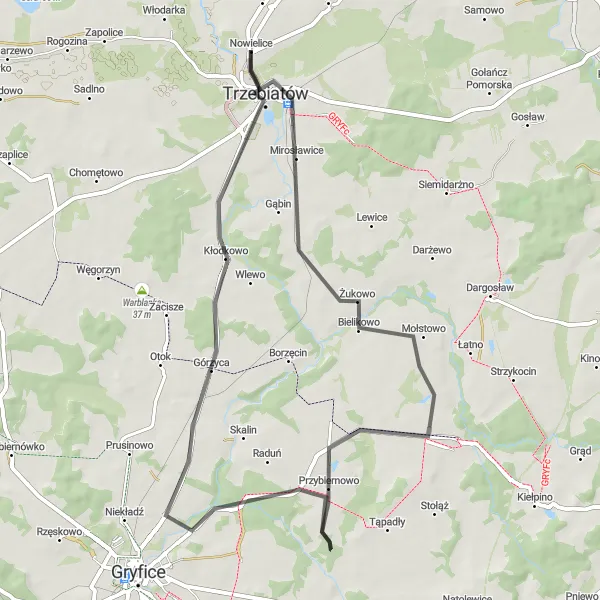 Map miniature of "Trzebiatów Scenic Road Loop" cycling inspiration in Zachodniopomorskie, Poland. Generated by Tarmacs.app cycling route planner