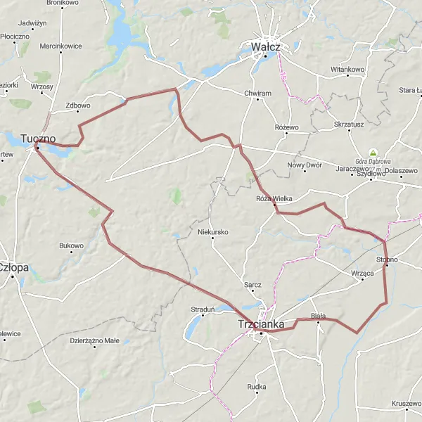 Map miniature of "Tuczno Gravel Adventure to Trzcianka" cycling inspiration in Zachodniopomorskie, Poland. Generated by Tarmacs.app cycling route planner