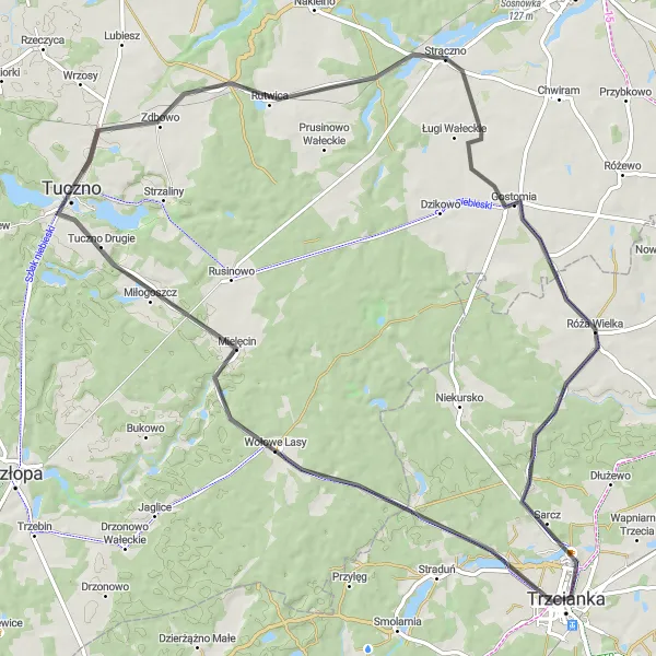 Map miniature of "Explore Nature in Tuczno" cycling inspiration in Zachodniopomorskie, Poland. Generated by Tarmacs.app cycling route planner