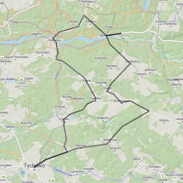 Miniatura mapy "Szlak rowerowy szosowy w okolicach Tychowa" - trasy rowerowej w Zachodniopomorskie, Poland. Wygenerowane przez planer tras rowerowych Tarmacs.app