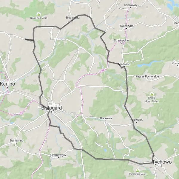 Miniatura mapy "Szlak rowerowy szosowy w okolicach Tychowa" - trasy rowerowej w Zachodniopomorskie, Poland. Wygenerowane przez planer tras rowerowych Tarmacs.app