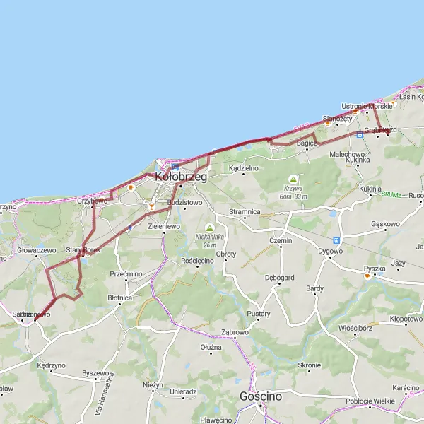 Map miniature of "The Coastal Gravel Experience" cycling inspiration in Zachodniopomorskie, Poland. Generated by Tarmacs.app cycling route planner