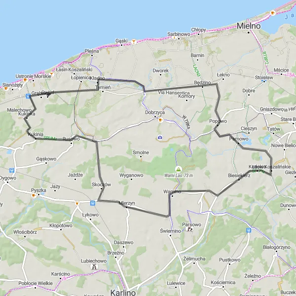 Map miniature of "Laski Koszalińskie Loop" cycling inspiration in Zachodniopomorskie, Poland. Generated by Tarmacs.app cycling route planner