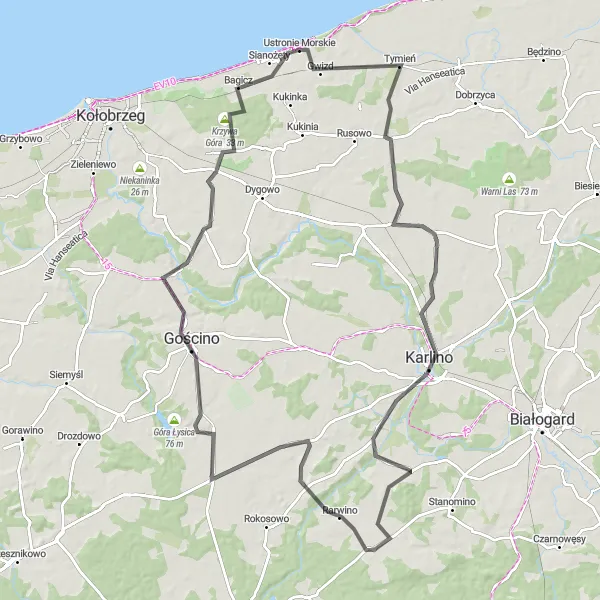 Miniatura mapy "Trasa z Ustronia Morskiego do Karlina" - trasy rowerowej w Zachodniopomorskie, Poland. Wygenerowane przez planer tras rowerowych Tarmacs.app