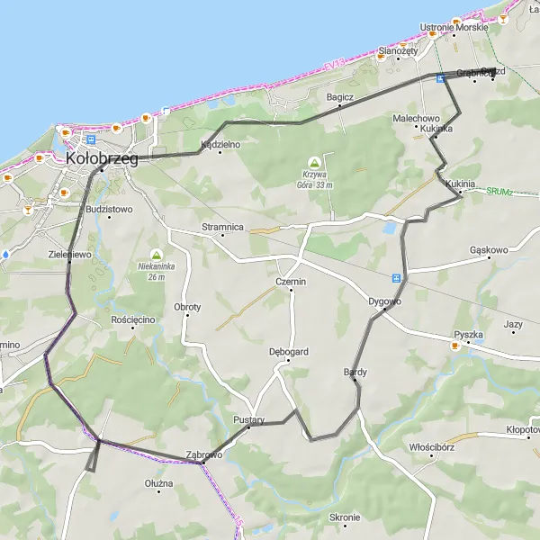 Map miniature of "Windy Coastline Ride" cycling inspiration in Zachodniopomorskie, Poland. Generated by Tarmacs.app cycling route planner