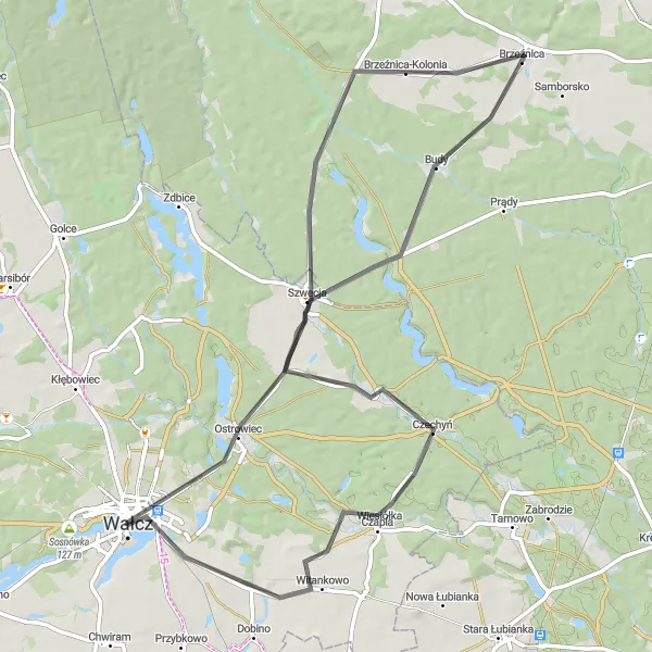 Miniatura mapy "Przełajowa trasa szosowa dookoła Wałcza" - trasy rowerowej w Zachodniopomorskie, Poland. Wygenerowane przez planer tras rowerowych Tarmacs.app