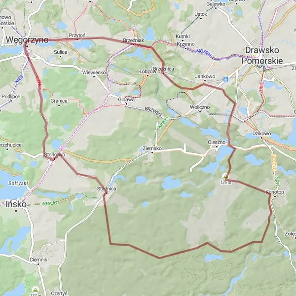 Miniatura mapy "Trasa gravel 61 km w okolicach Węgorzyna" - trasy rowerowej w Zachodniopomorskie, Poland. Wygenerowane przez planer tras rowerowych Tarmacs.app