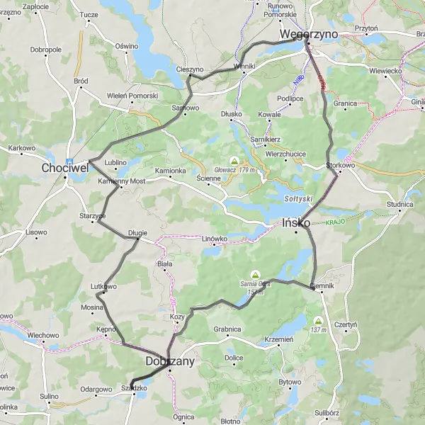 Map miniature of "Scenic Ride through Ińsko and Sarnia Góra" cycling inspiration in Zachodniopomorskie, Poland. Generated by Tarmacs.app cycling route planner