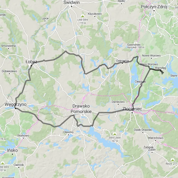 Miniatura mapy "Trasa rowerowa road na 112 km z Węgorzyna" - trasy rowerowej w Zachodniopomorskie, Poland. Wygenerowane przez planer tras rowerowych Tarmacs.app
