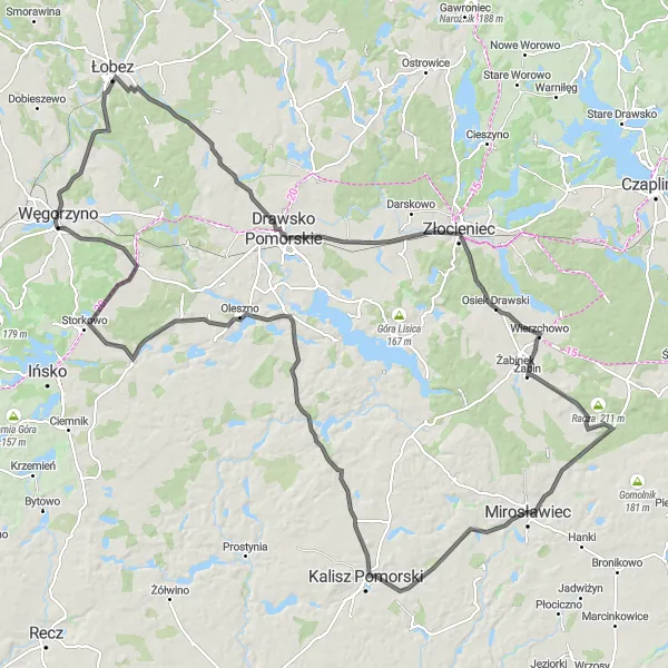 Map miniature of "The Epic Challenge of Łobez and Węgorzyno" cycling inspiration in Zachodniopomorskie, Poland. Generated by Tarmacs.app cycling route planner