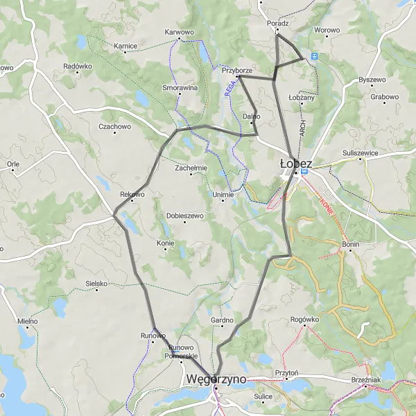 Map miniature of "Discovering Siedlice and Łobez" cycling inspiration in Zachodniopomorskie, Poland. Generated by Tarmacs.app cycling route planner