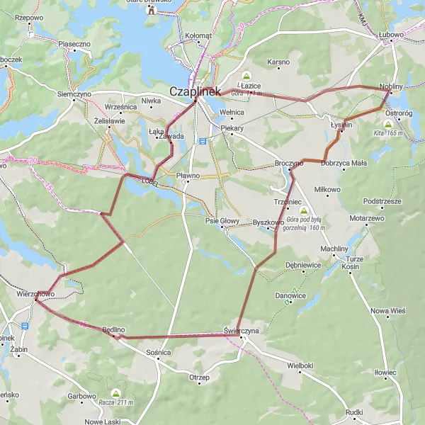 Map miniature of "Gravel Route Around Wierzchowo" cycling inspiration in Zachodniopomorskie, Poland. Generated by Tarmacs.app cycling route planner