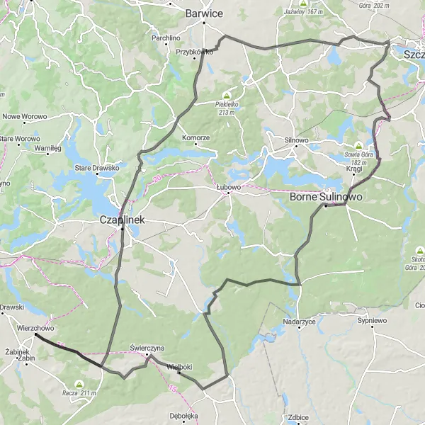 Miniatura mapy "Trasa przez Winna Górę i Borne Sulinowo" - trasy rowerowej w Zachodniopomorskie, Poland. Wygenerowane przez planer tras rowerowych Tarmacs.app