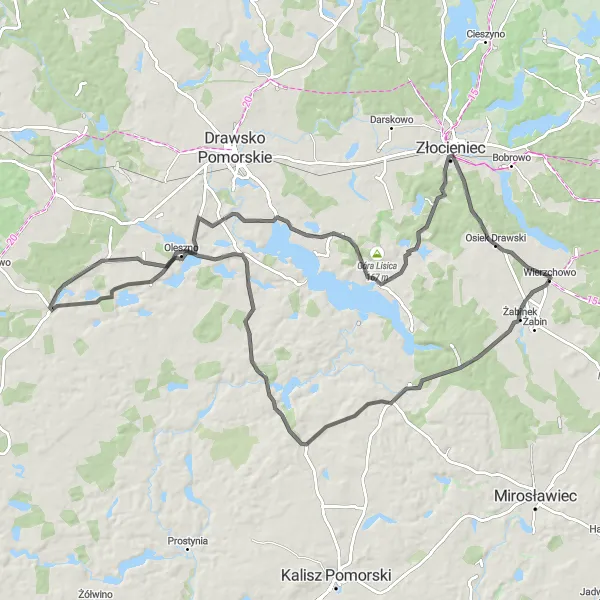 Map miniature of "Challenging Road Journey to Mielenko Drawskie" cycling inspiration in Zachodniopomorskie, Poland. Generated by Tarmacs.app cycling route planner
