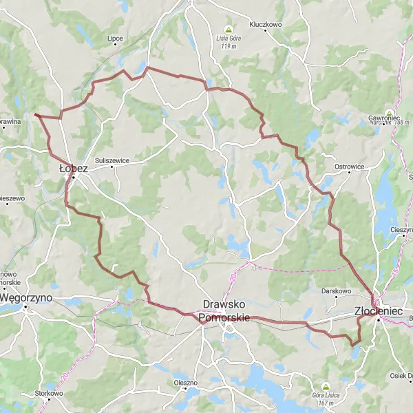 Miniatura mapy "Trasa Gravelowa przez Kosobudy, Łobez, Worowo, Gronowo i Złocieniec" - trasy rowerowej w Zachodniopomorskie, Poland. Wygenerowane przez planer tras rowerowych Tarmacs.app
