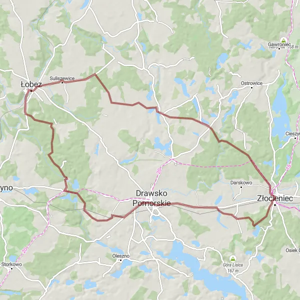 Map miniature of "Gravel Adventure to Suliszewice" cycling inspiration in Zachodniopomorskie, Poland. Generated by Tarmacs.app cycling route planner