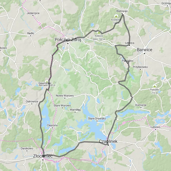 Map miniature of "Złocieniec Ultimate Road Challenge" cycling inspiration in Zachodniopomorskie, Poland. Generated by Tarmacs.app cycling route planner