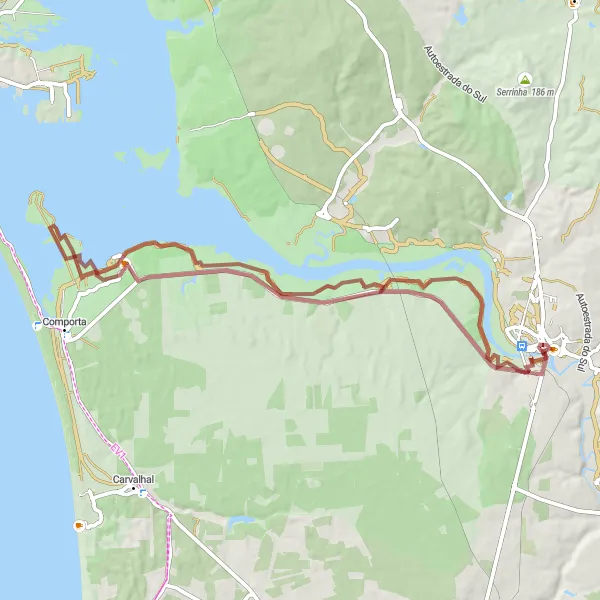 Map miniature of "Gravel Adventure in Alcácer do Sal" cycling inspiration in Alentejo, Portugal. Generated by Tarmacs.app cycling route planner